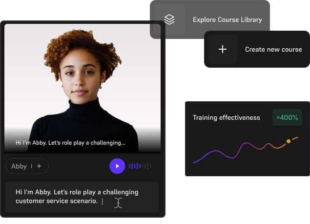 Illustration with a person doing training in VR, two buttons saying 'explore course library' and 'create new course', as well as a screenshot of the application, where a character is selected for a dialogue.